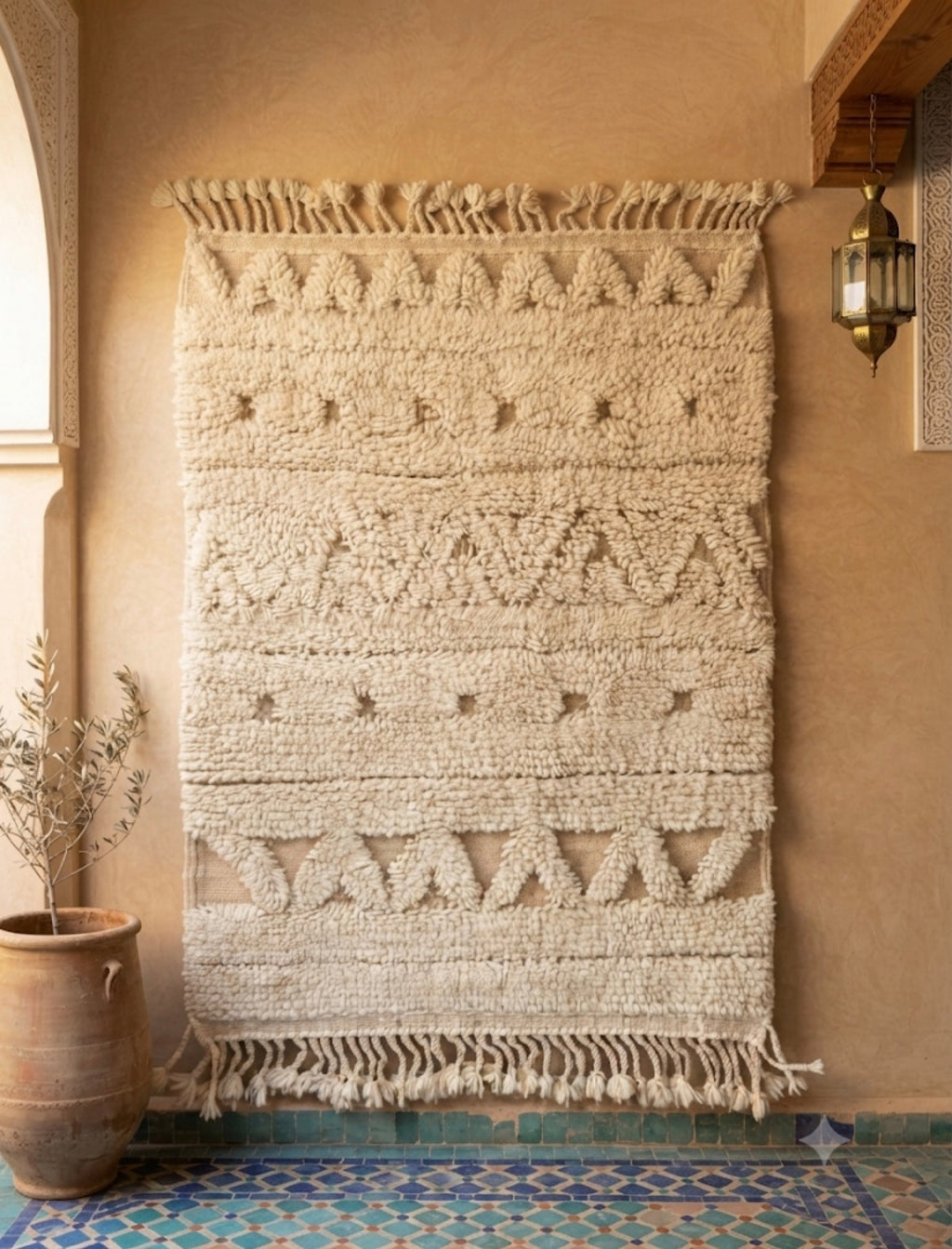 Tapis Beni Ourain Blanc Ivoire Relief Touffeté 