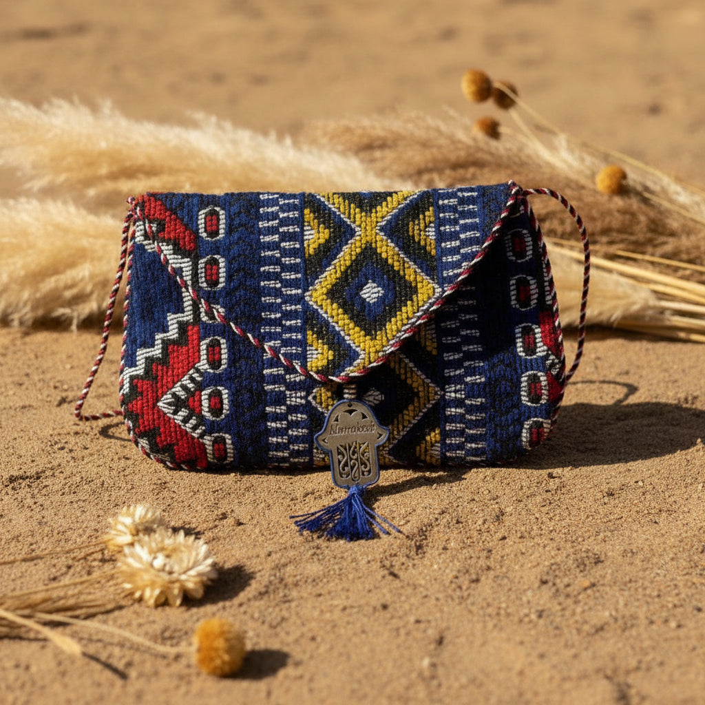 Pochette kilim marocaine bleu rouge et jaune motif main de Fatma — artisanat marocain fait main