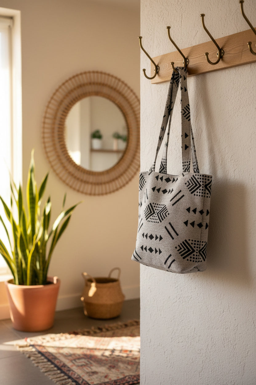 Tote bag en coton naturel beige et noir — fait main Maroc
