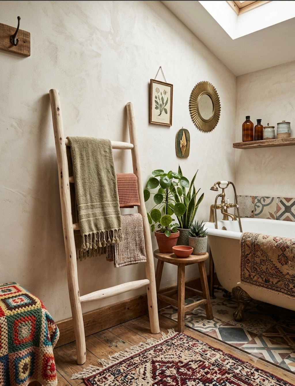 Échelle décorative en bois artisanale marocaine — porte-serviettes bohème dans une salle de bain chic