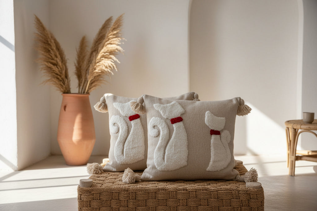 Lot de 2 housses de coussin chat en coton artisanal pompons — fait main Maroc