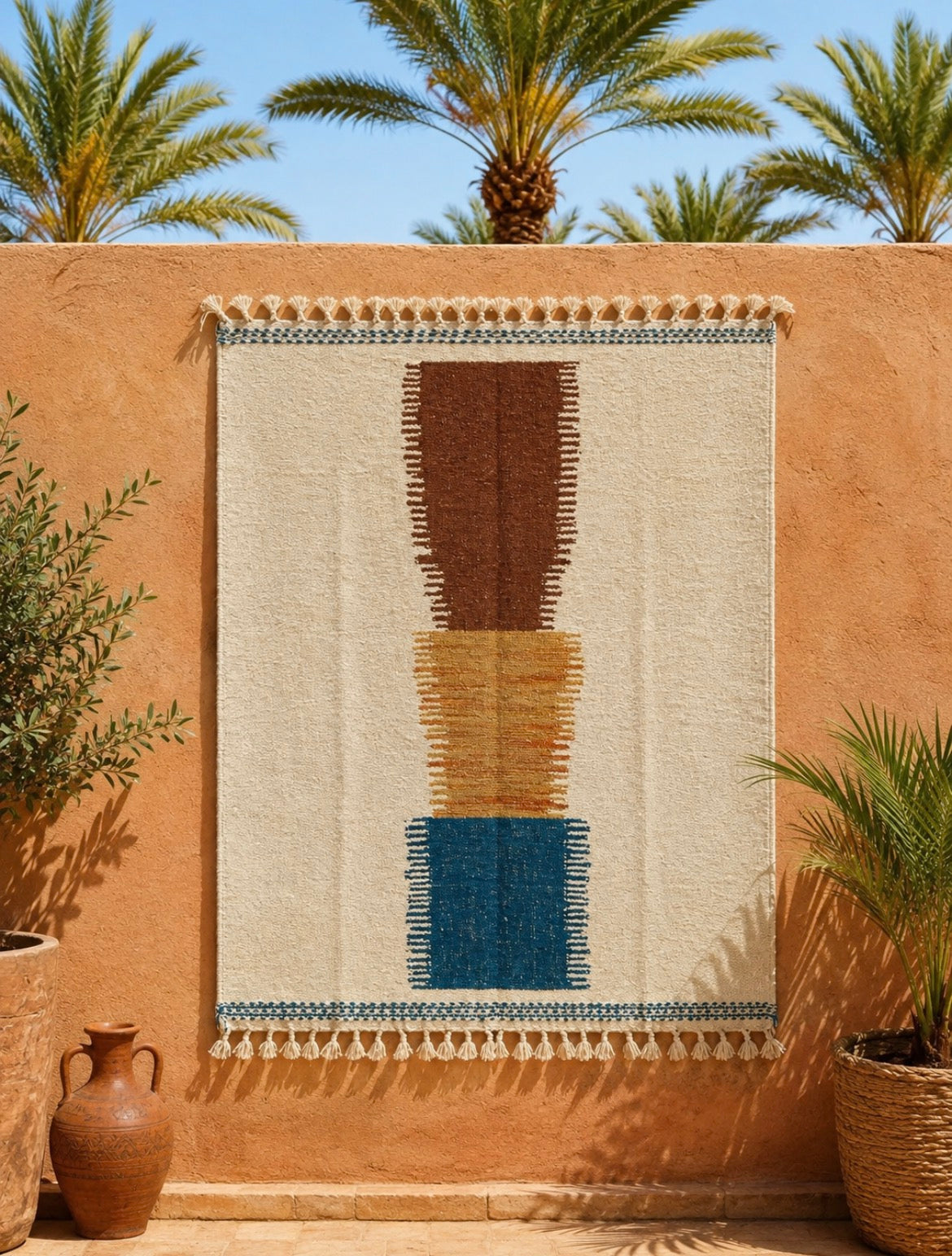 Tapis berbère géométrique ivoire terracotta et bleu cobalt — tissé main Maroc