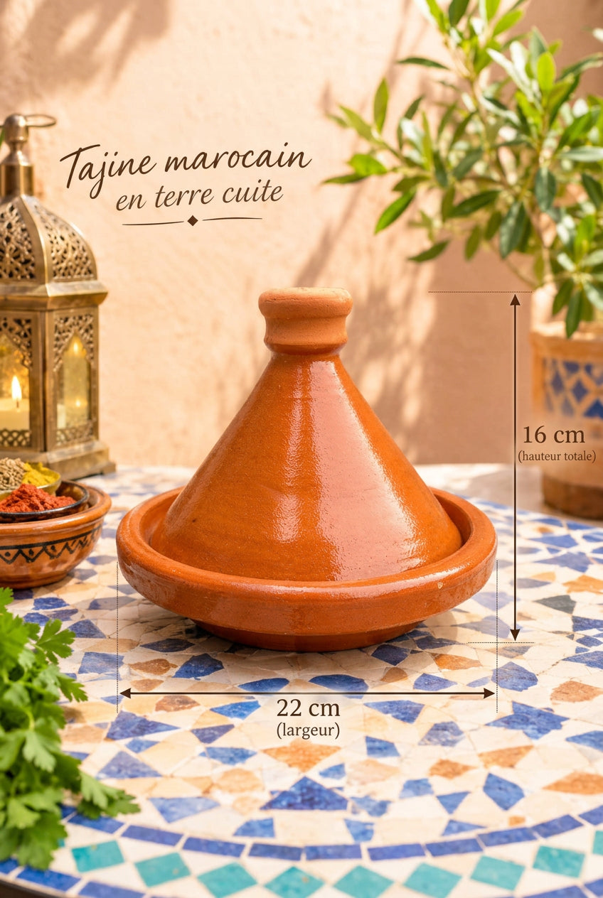  Tajine marocain couleur terre cuite sur une table en mosaïque, avec indications de dimensions.