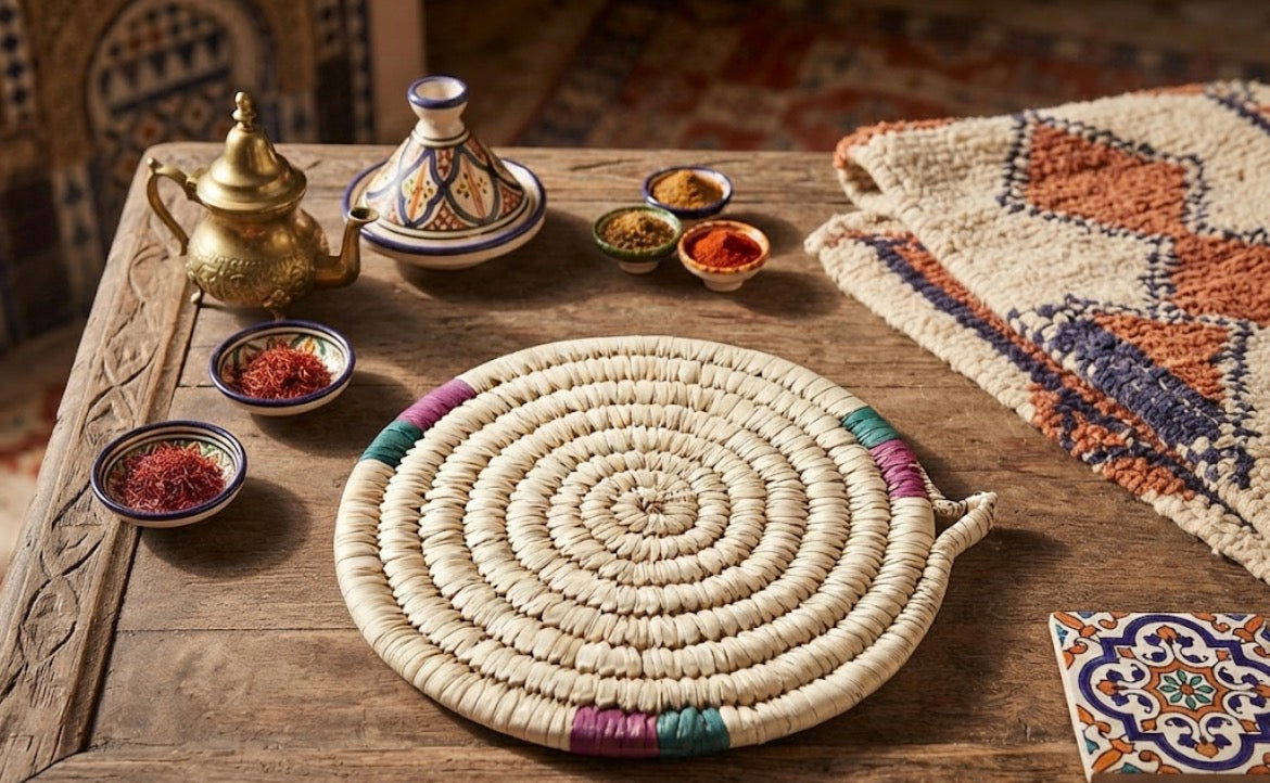 Dessous de plat tressé en fibres naturelles touches colorées — fait main au Maroc