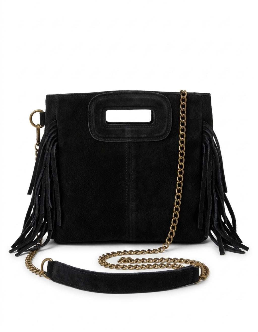 Petit sac Sienna en cuir noir de jais, vu de face, avec franges et bandoulière chaîne aux tons bronze.