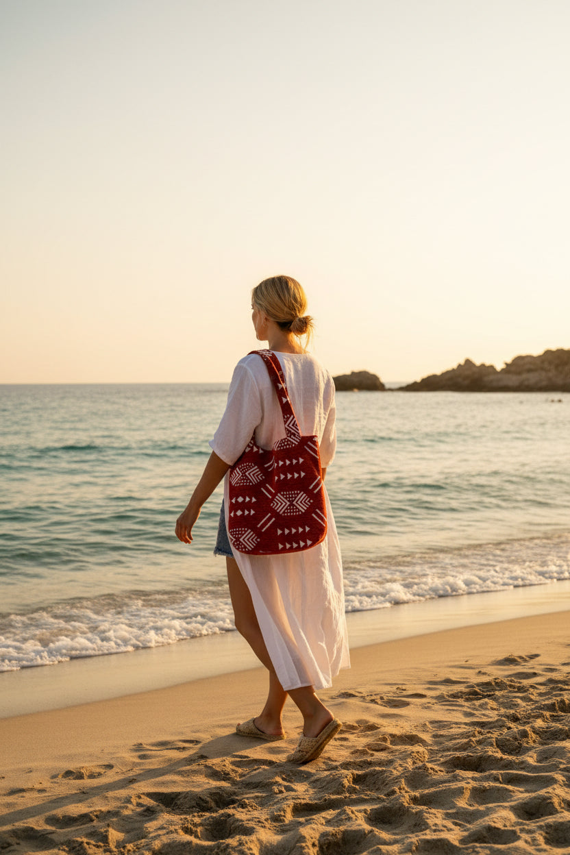 Tote bag en velours artisanal terracotta et blanc — fait main Maroc