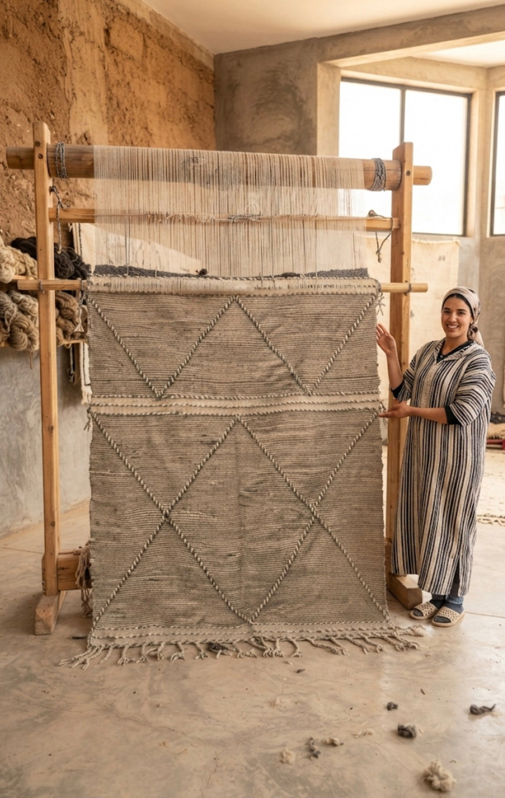 Kilim en laine naturelle beige et blanc motifs losanges — 250 x 150 cm pièce unique Maroc
