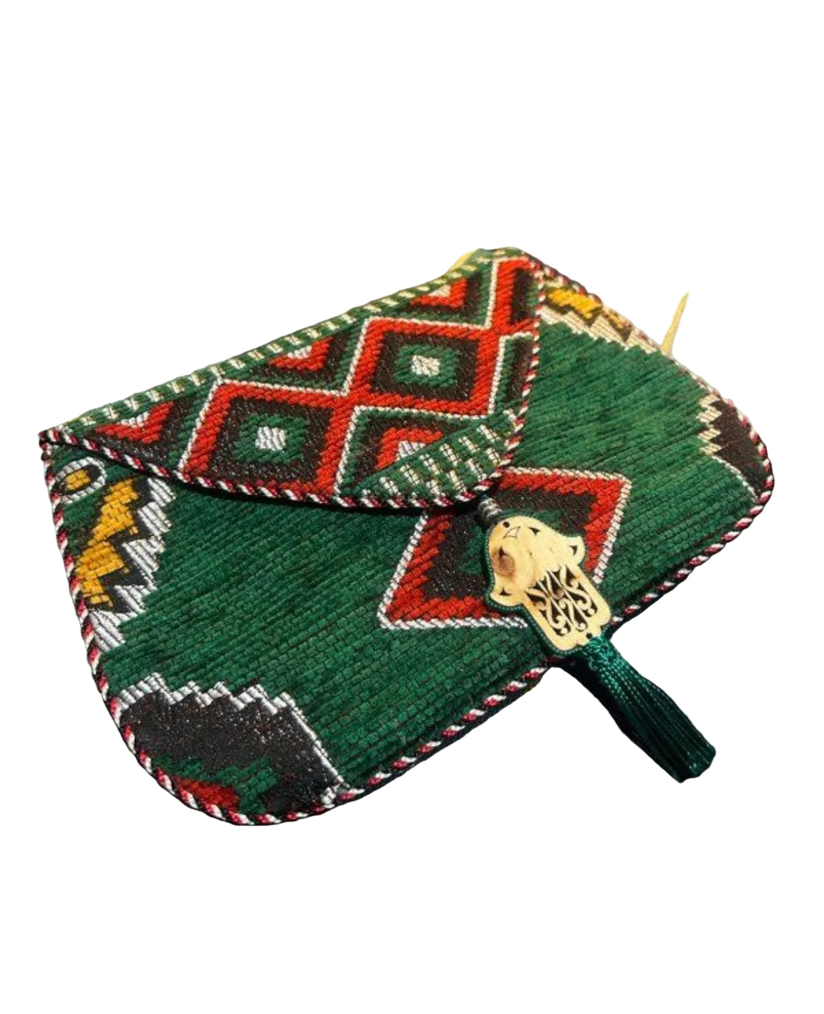 Pochette kilim berbère vert émeraude motifs géométriques — artisanat marocain fait main