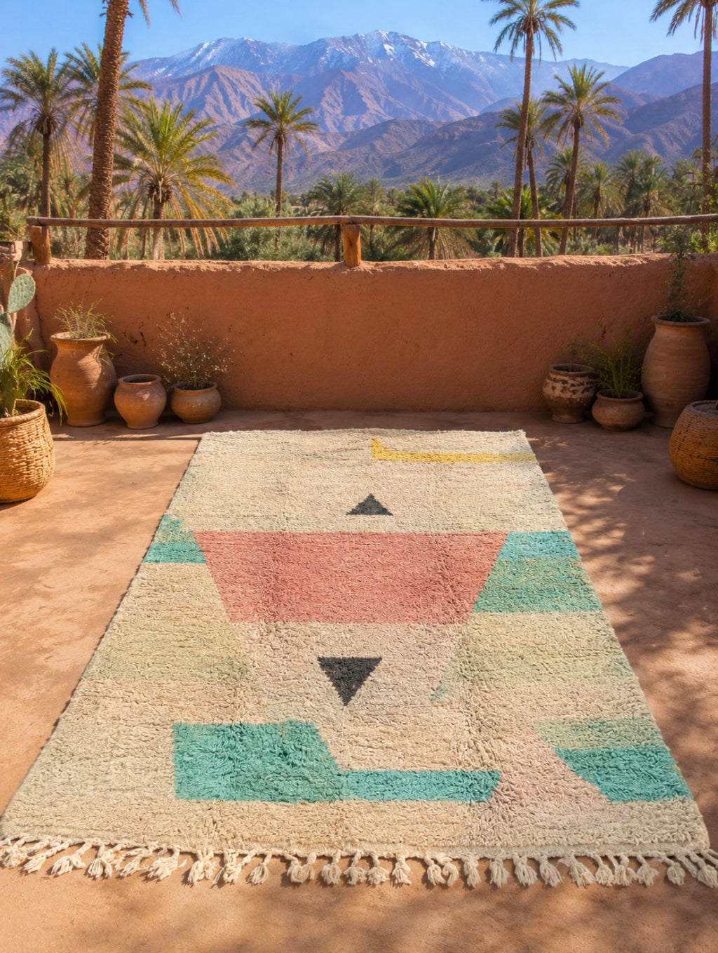 Tapis Beni Ourain posé dans un riad traditionnel avec table en bois sculpté – motifs géométriques pastels