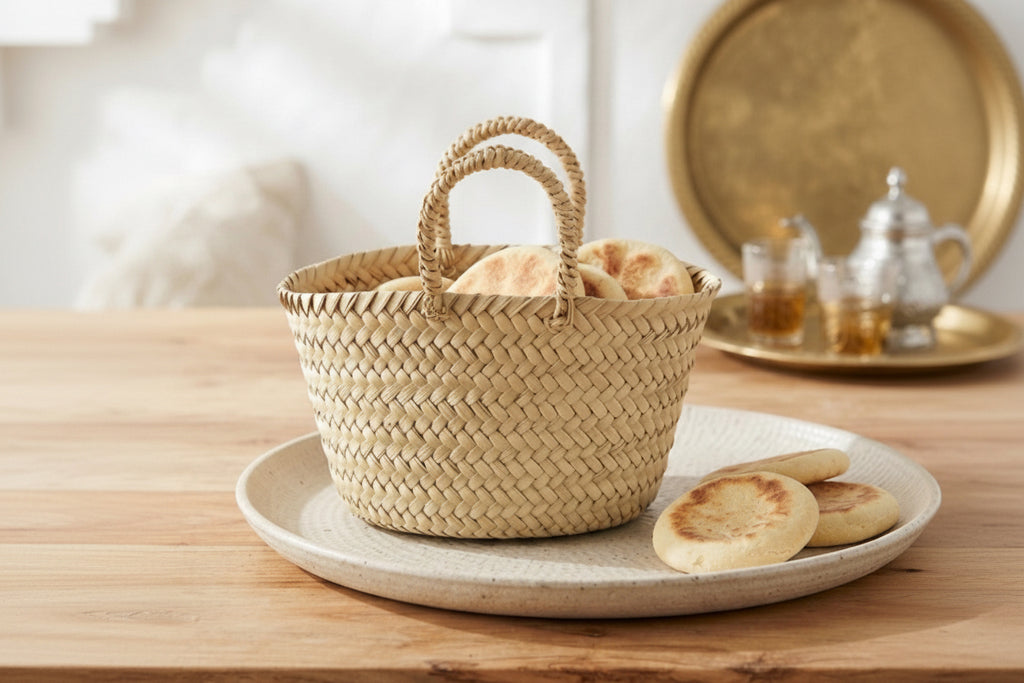 Petit panier à pain en fibre naturelle tressée et anses — fait main au Maroc
