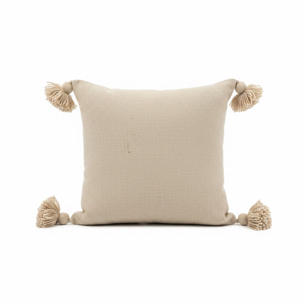 Lot de 2 housses de coussin chat en coton artisanal pompons — fait main Maroc