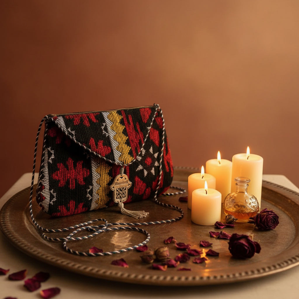 Pochette plate berbère ocre et noir motifs géométriques — artisanat marocain fait main