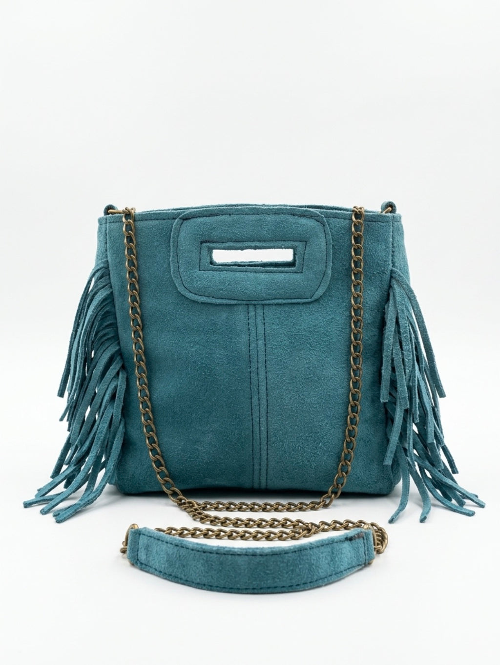 Petit sac Sienna en cuir bleu canard, avec franges latérales, poignée intégrée et bandoulière chaîne.