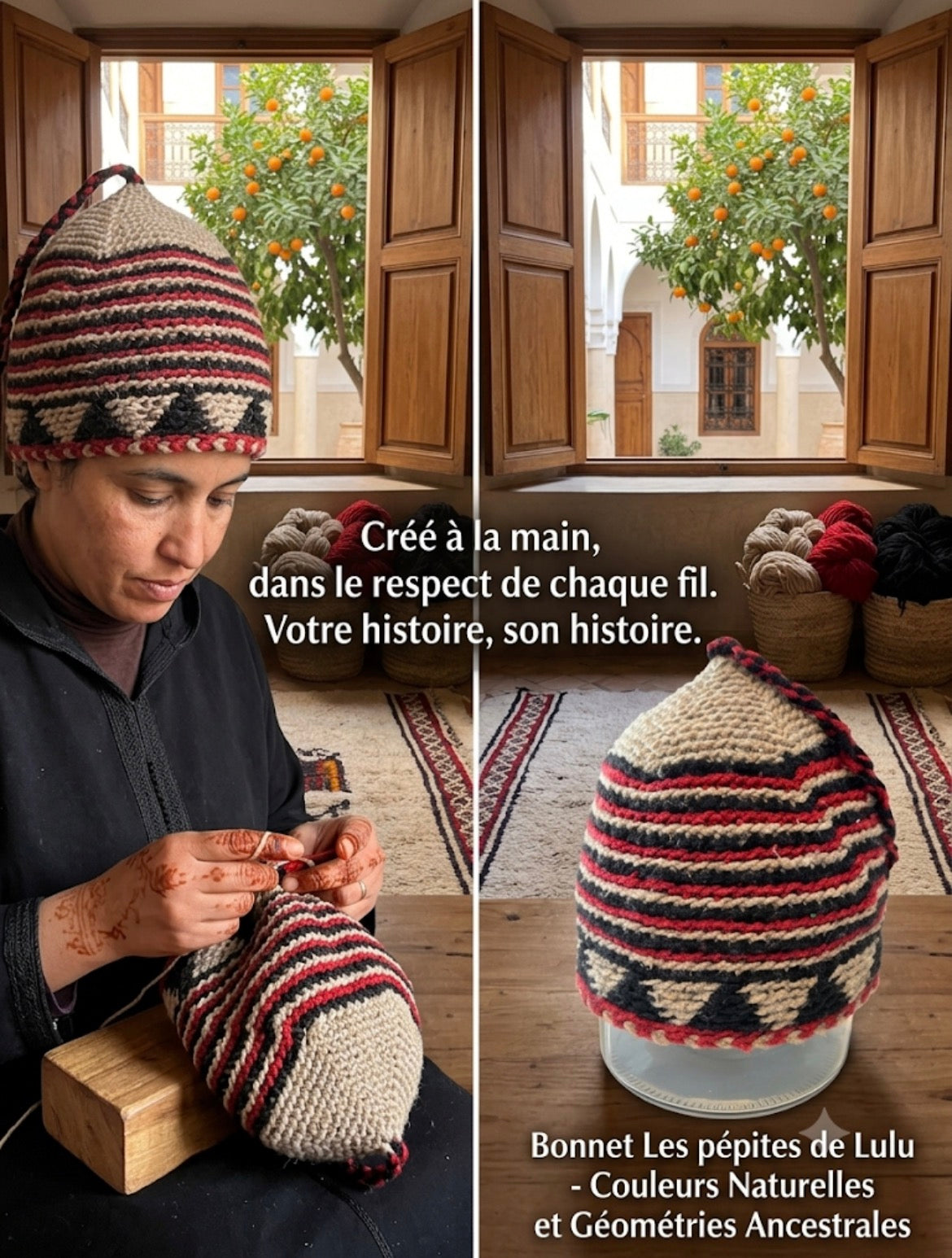 Bonnet tricoté artisanal en laine rouge et beige — fait main au Maroc