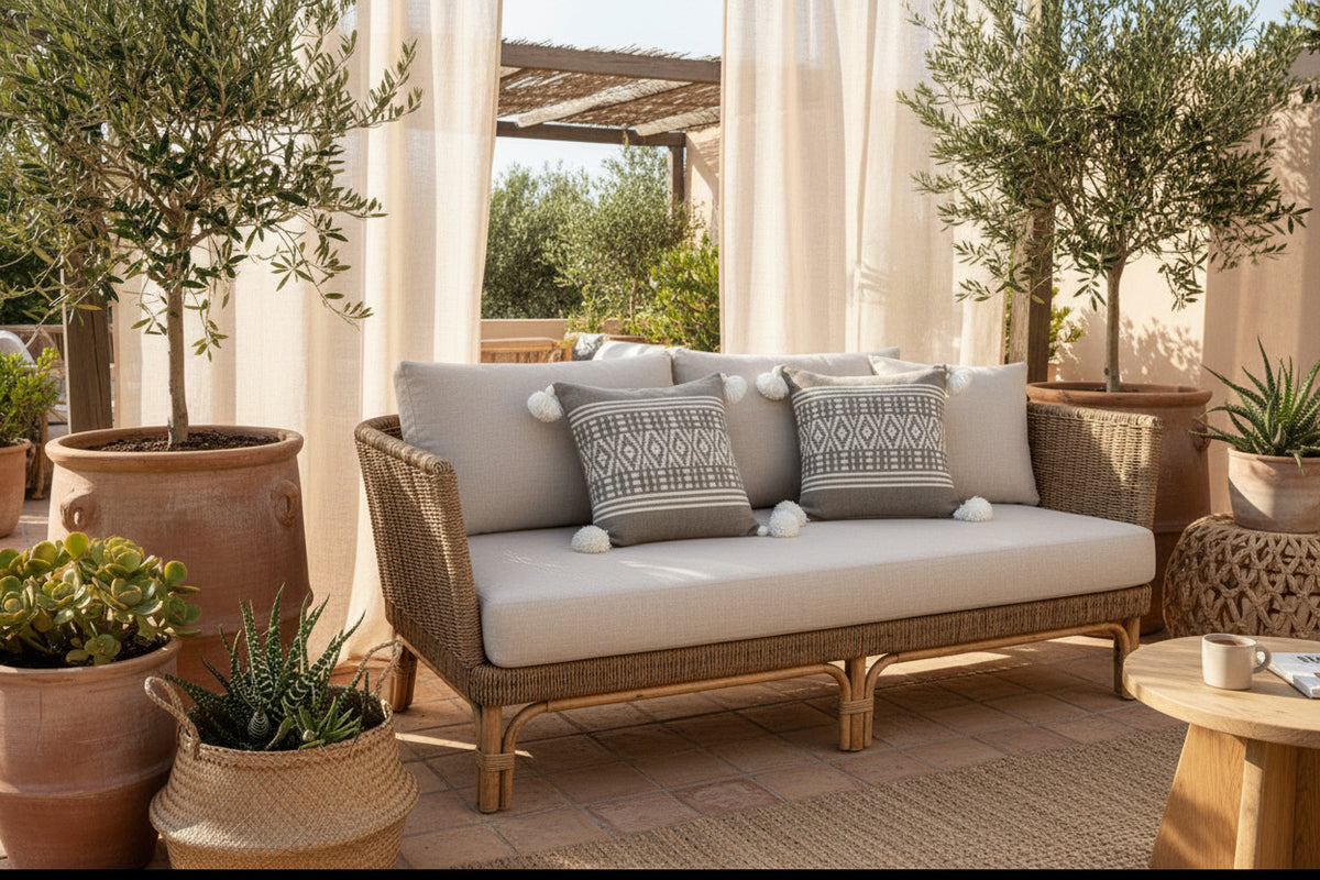Housse de coussin artisanale motifs berbères taupe et blanc à pompons – décoration terrasse marocaine
