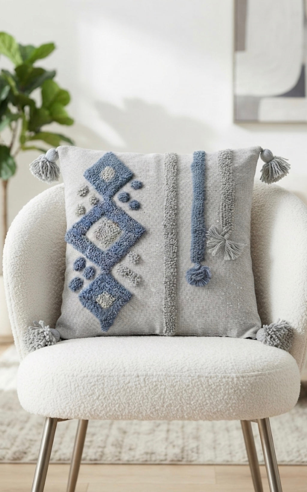 Housse de coussin tufted berbère bleu et gris — fait main au Maroc 50 x 50 cm
