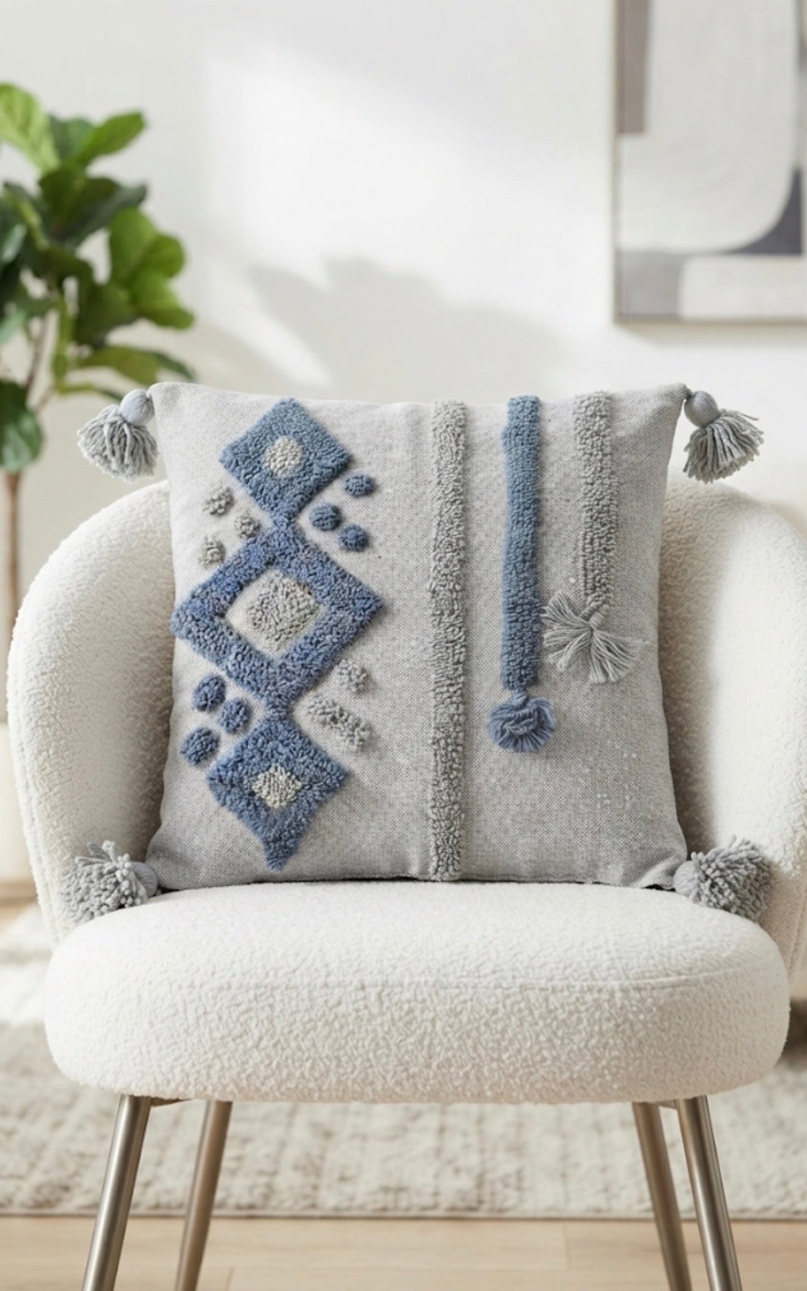 Housse de coussin tufted berbère bleu et gris — fait main au Maroc 50 x 50 cm