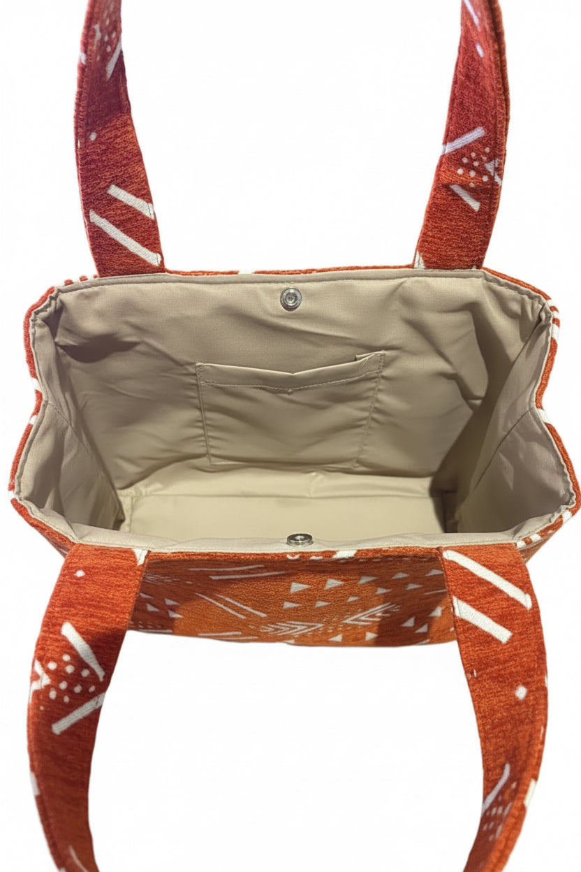 Tote bag en velours artisanal terracotta et blanc — fait main Maroc