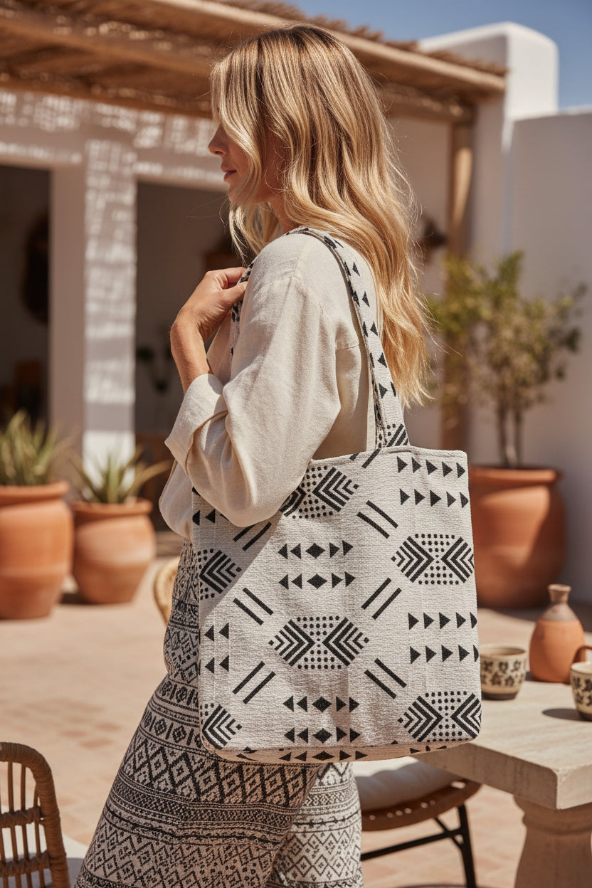 Tote bag en coton artisanal motifs berbères — fait main Maroc