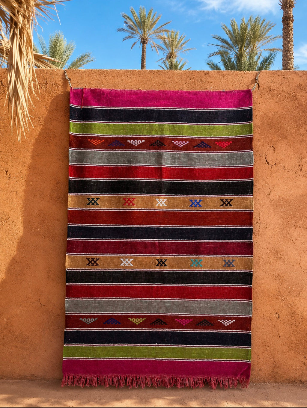 Kilim berbère multicolore à rayures en laine artisanale — tissé main Maroc
