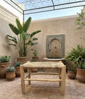 Banc en bois d'eucalyptus et doum tressé — mobilier artisanal marocain, fait main au Maroc