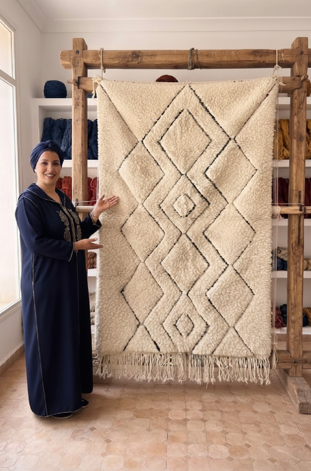 Tapis beni ourain ivoire et motifs noirs — tissé main pièce unique Maroc