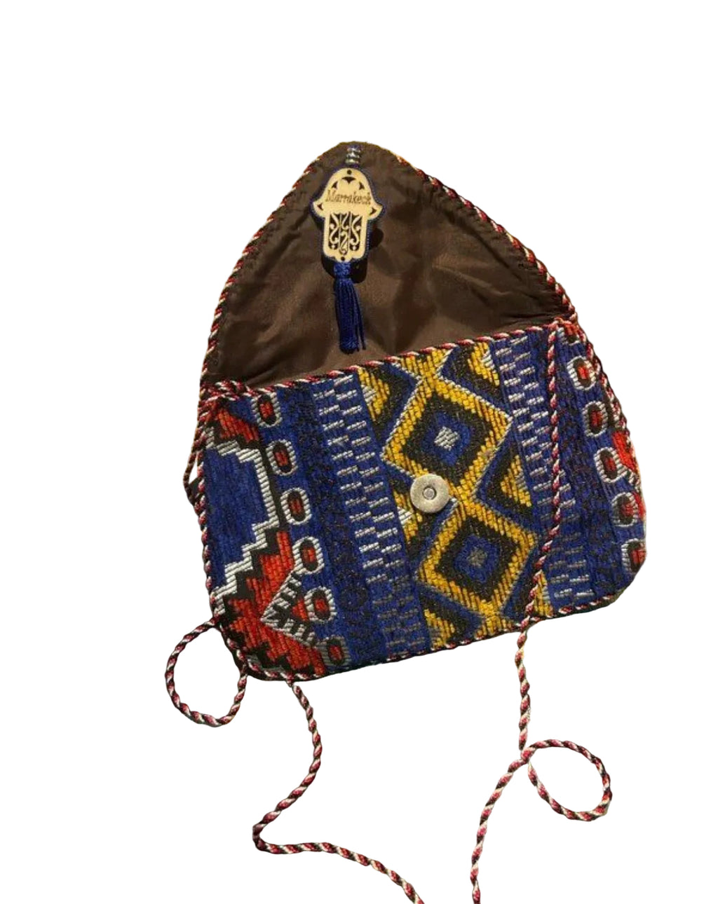 Pochette kilim marocaine bleu rouge et jaune motif main de Fatma — artisanat marocain fait main