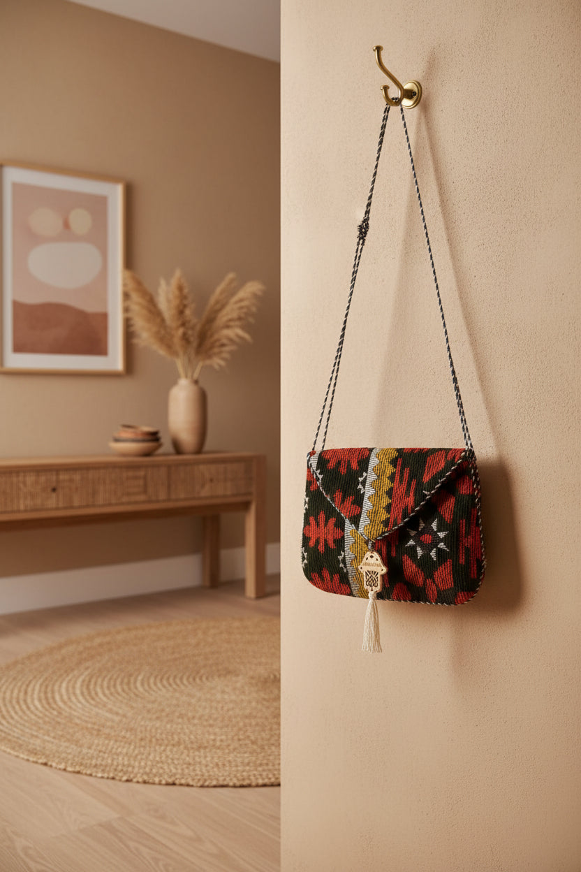 Pochette plate berbère ocre et noir motifs géométriques — artisanat marocain fait main