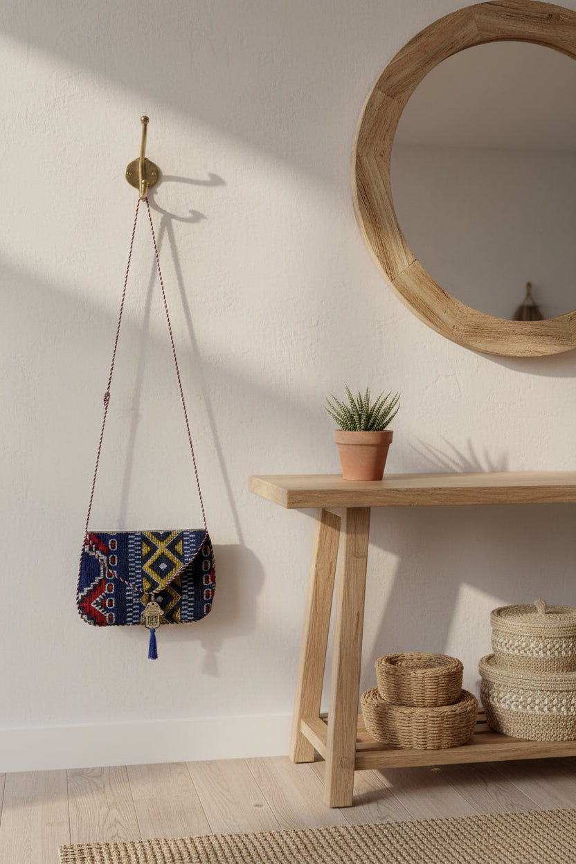Pochette kilim marocaine bleu rouge et jaune motif main de Fatma — artisanat marocain fait main
