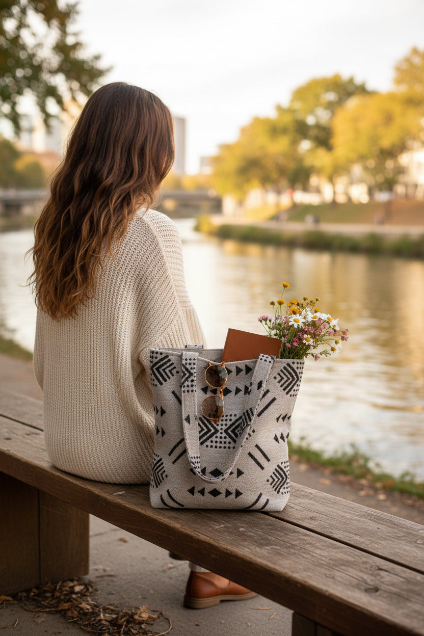 Tote bag en coton naturel beige et noir — fait main Maroc