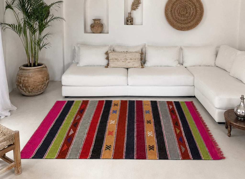 Kilim berbère multicolore à rayures en laine artisanale — tissé main Maroc