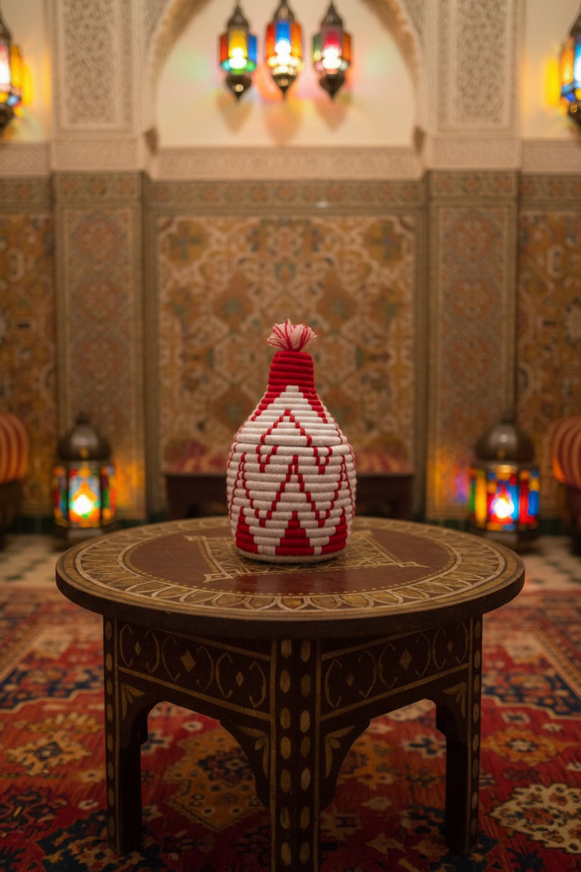 Pot berbère tressé rouge et blanc — décoration artisanale marocaine, fait main au Maroc