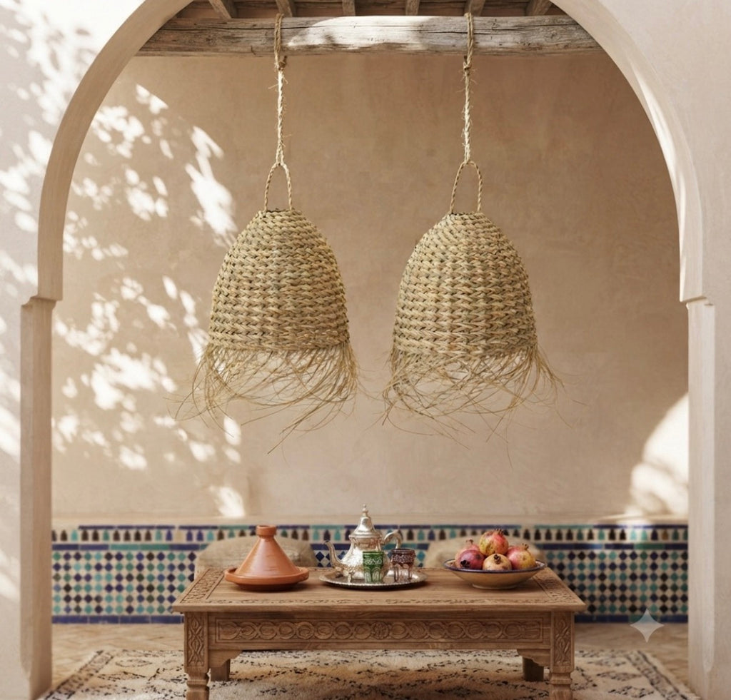 Suspension nid d'abeilles en fibre naturelle — luminaire artisanal marocain, fait main au Maroc