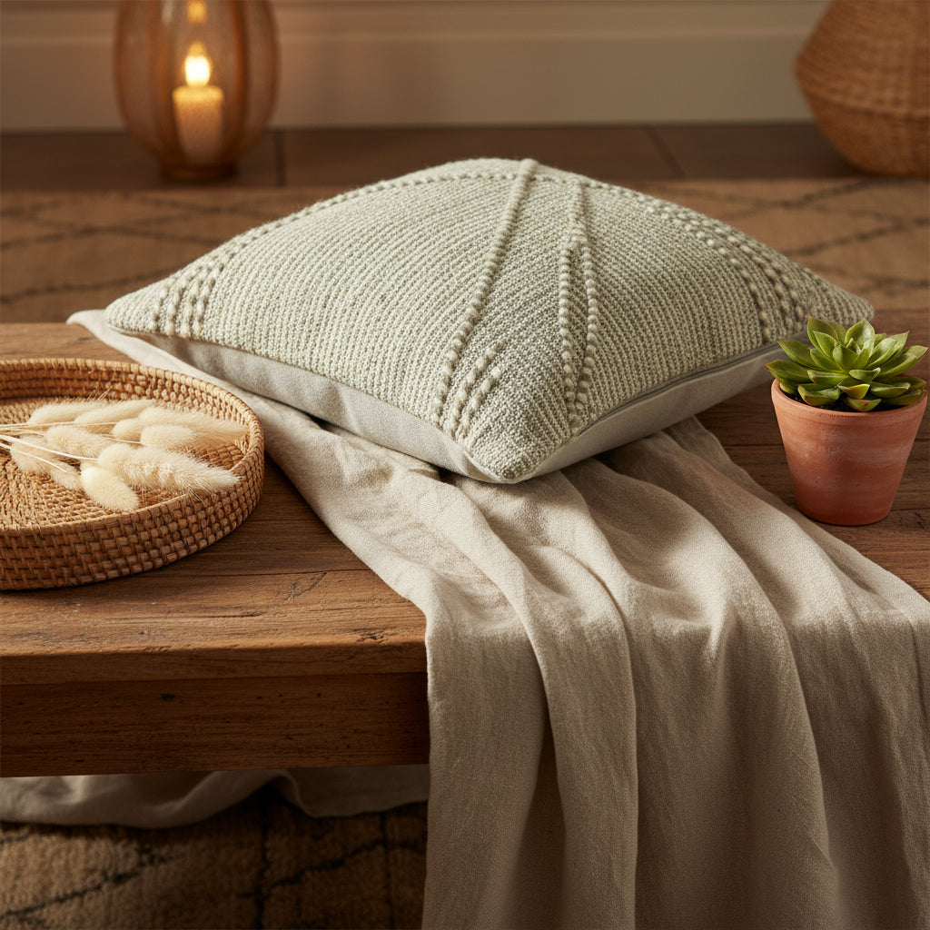 Housse de coussin marocaine artisanale – Motif géométrique losange, coloris vert sauge naturel