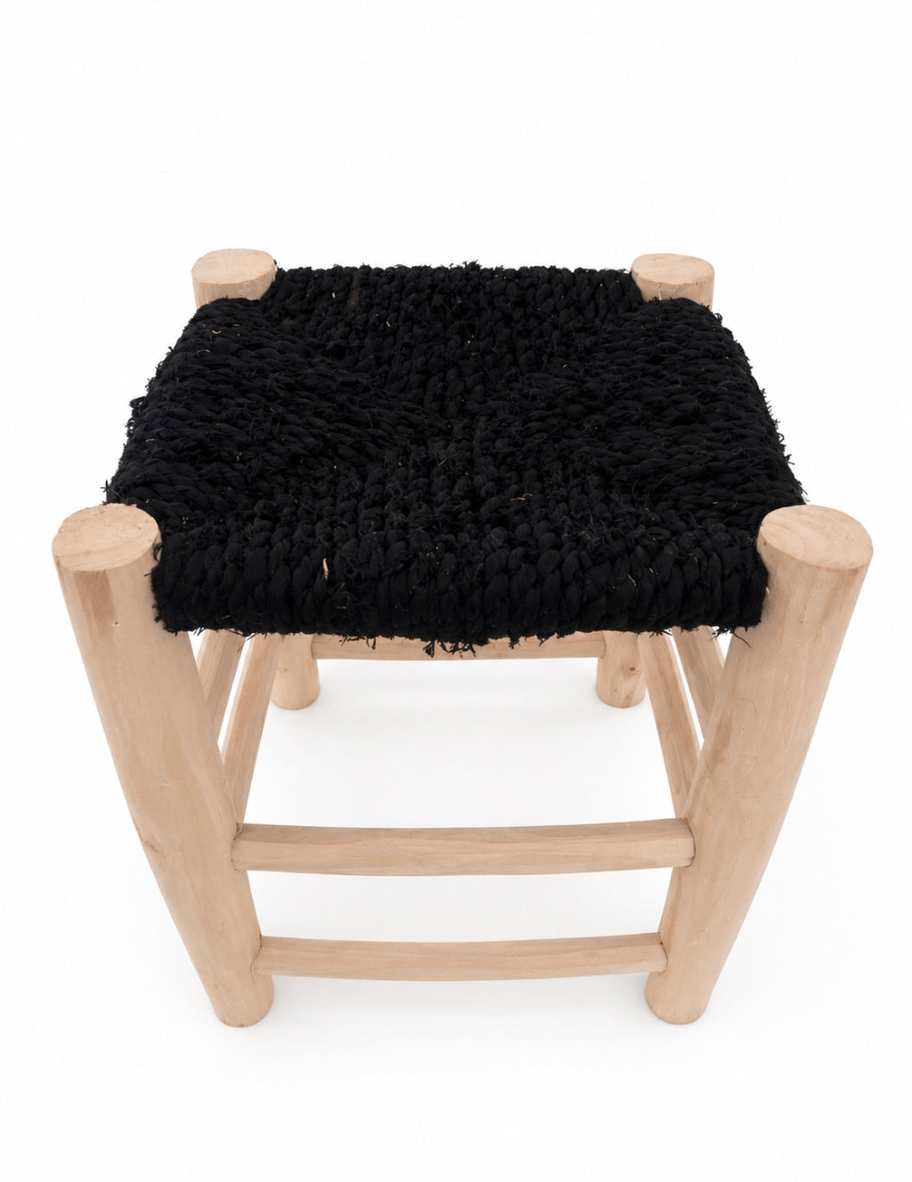 Tabouret en bois d'eucalyptus et boucherouite — mobilier artisanal marocain fait main