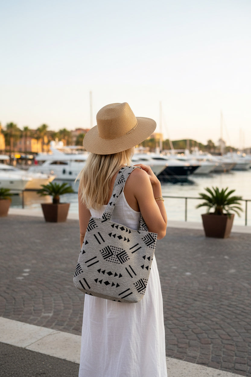Tote bag en coton naturel beige et noir — fait main Maroc
