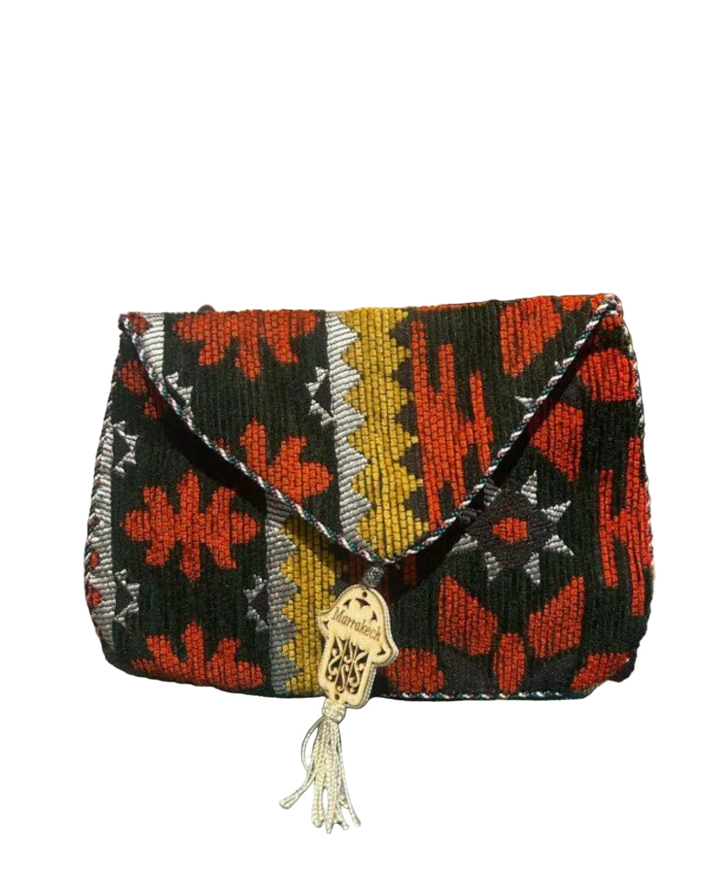 Pochette plate berbère ocre et noir motifs géométriques — artisanat marocain fait main