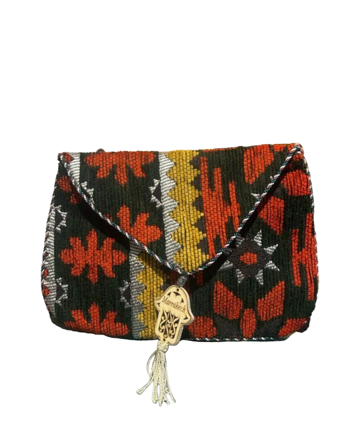 Pochette plate berbère ocre et noir motifs géométriques — artisanat marocain fait main