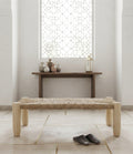 Banc en bois d'eucalyptus et doum tressé — mobilier artisanal marocain, fait main au Maroc