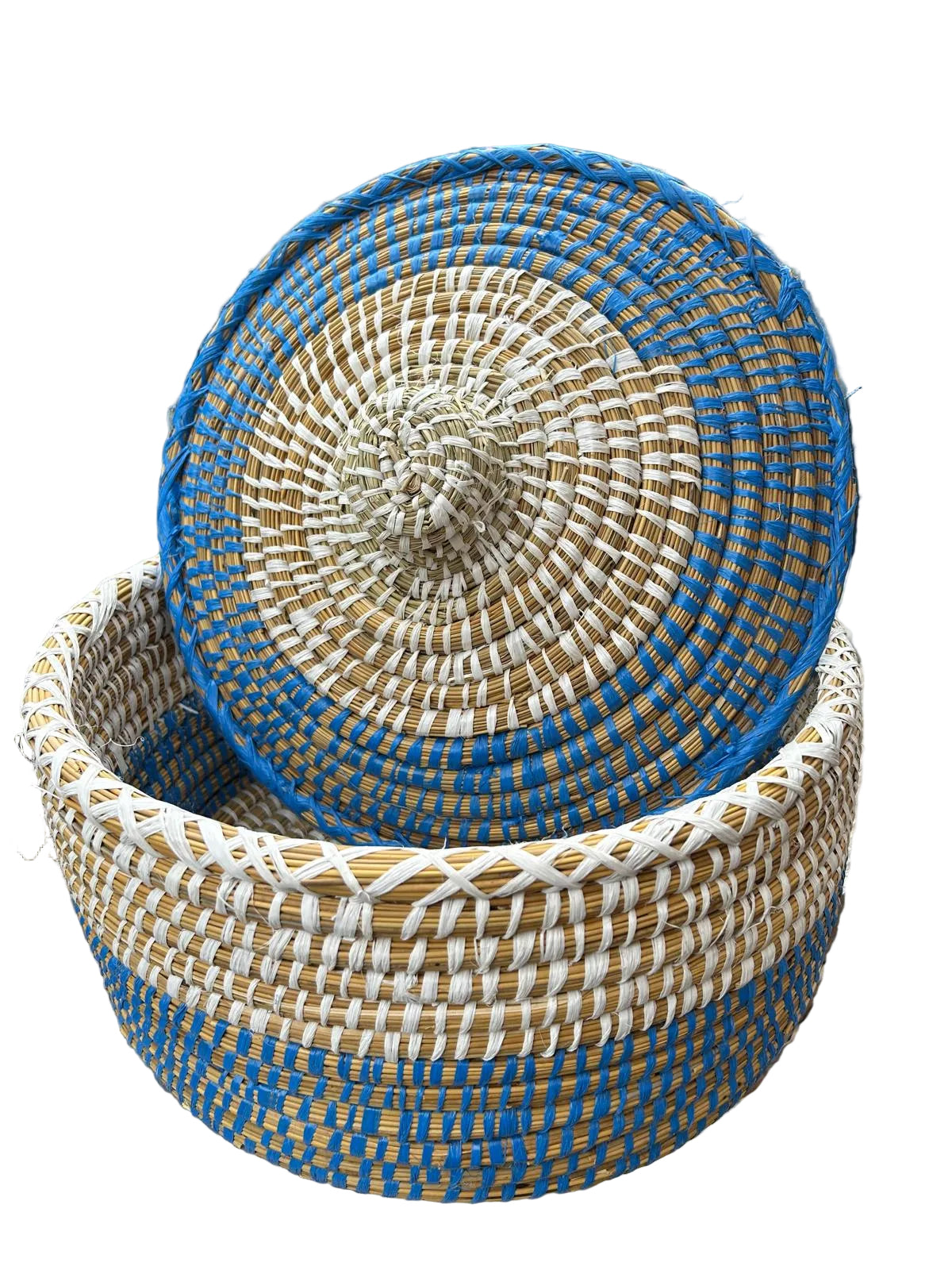 Panier tressé marocain avec couvercle bleu et naturel — fait main au Maroc