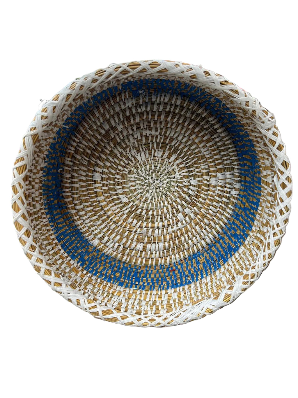 Panier tressé marocain avec couvercle bleu et naturel — fait main au Maroc