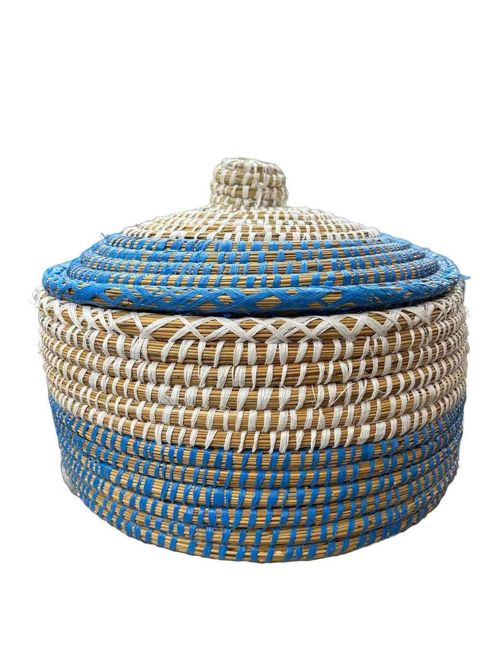 Panier tressé marocain avec couvercle bleu et naturel — fait main au Maroc