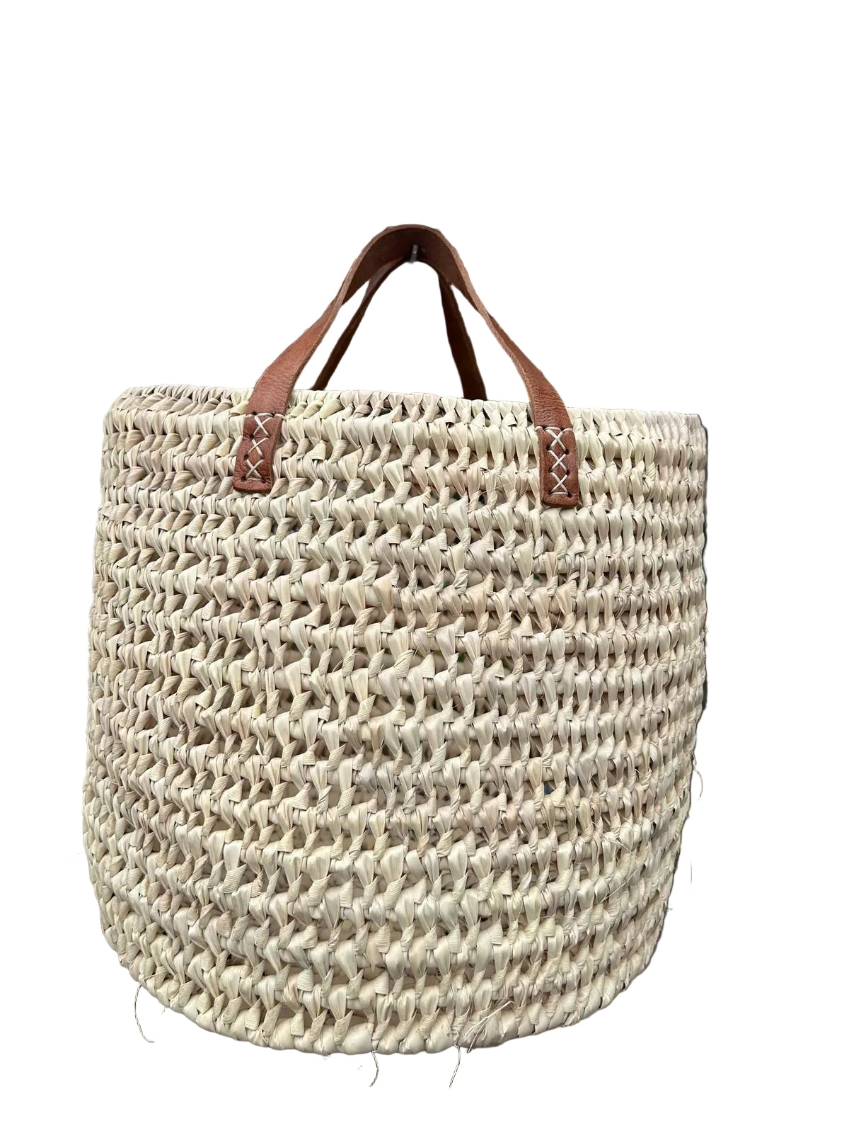 Panier tressé en feuille de palmier et anses cuir — fait main au Maroc