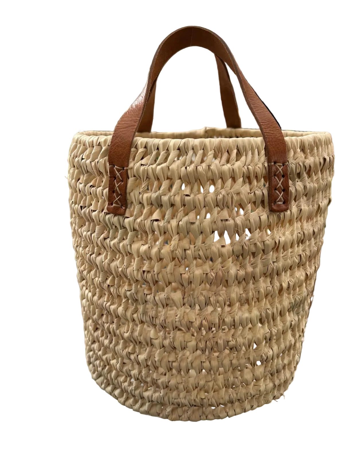 Panier tressé en feuille de palmier et anses cuir — fait main au Maroc