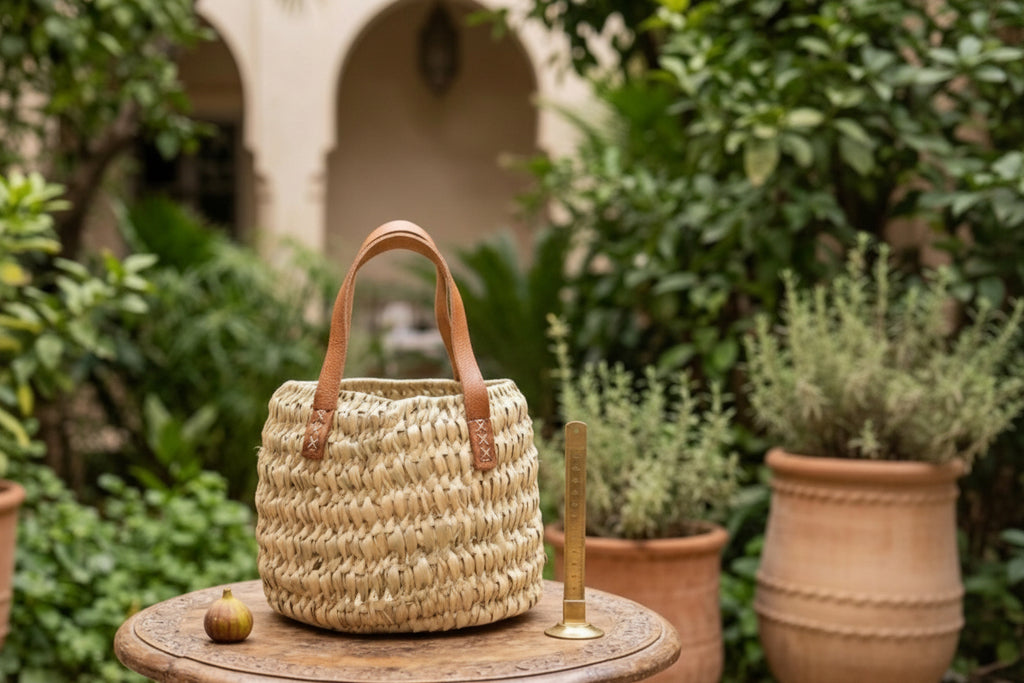 Panier tressé en feuille de palmier et anses cuir — fait main au Maroc