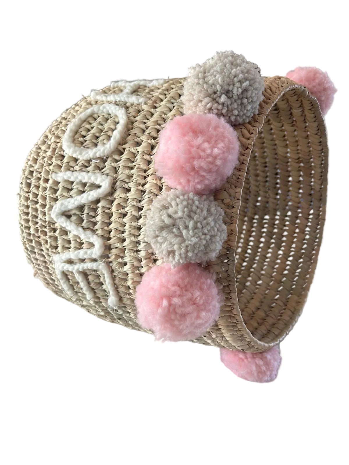 Panier de rangement tressé HOME pompons roses et gris — fait main au Maroc
