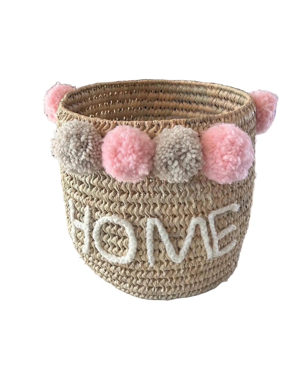 Panier de rangement tressé HOME pompons roses et gris — fait main au Maroc