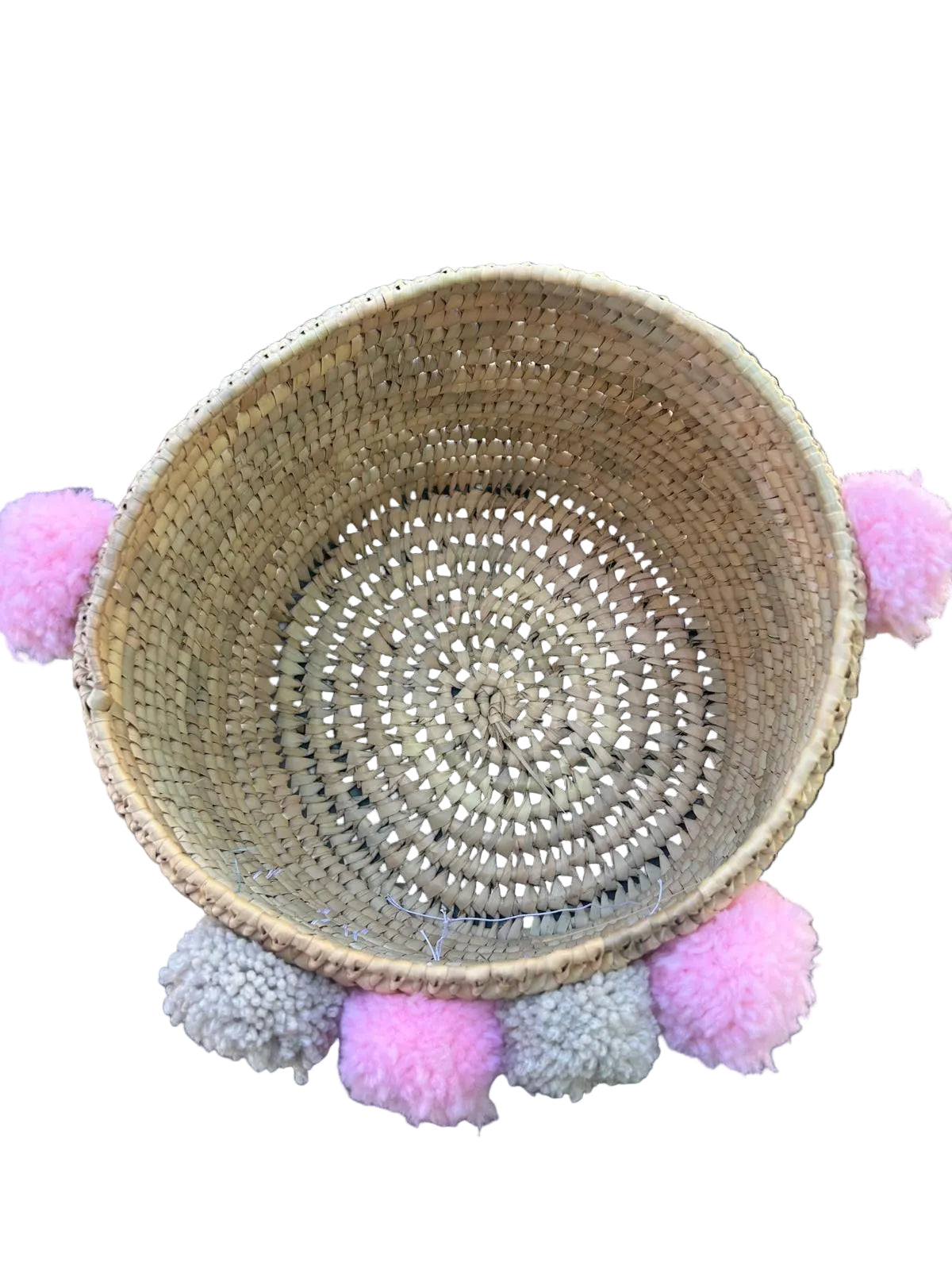 Panier de rangement tressé HOME pompons roses et gris — fait main au Maroc