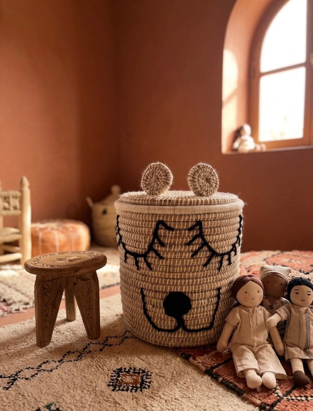 Panier ourson tressé avec couvercle — décoration artisanale marocaine, fait main au Maroc