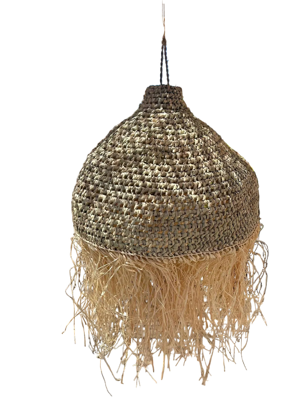 Suspension Alia tressée en doum et franges raphia — luminaire artisanal marocain, fait main au Maroc